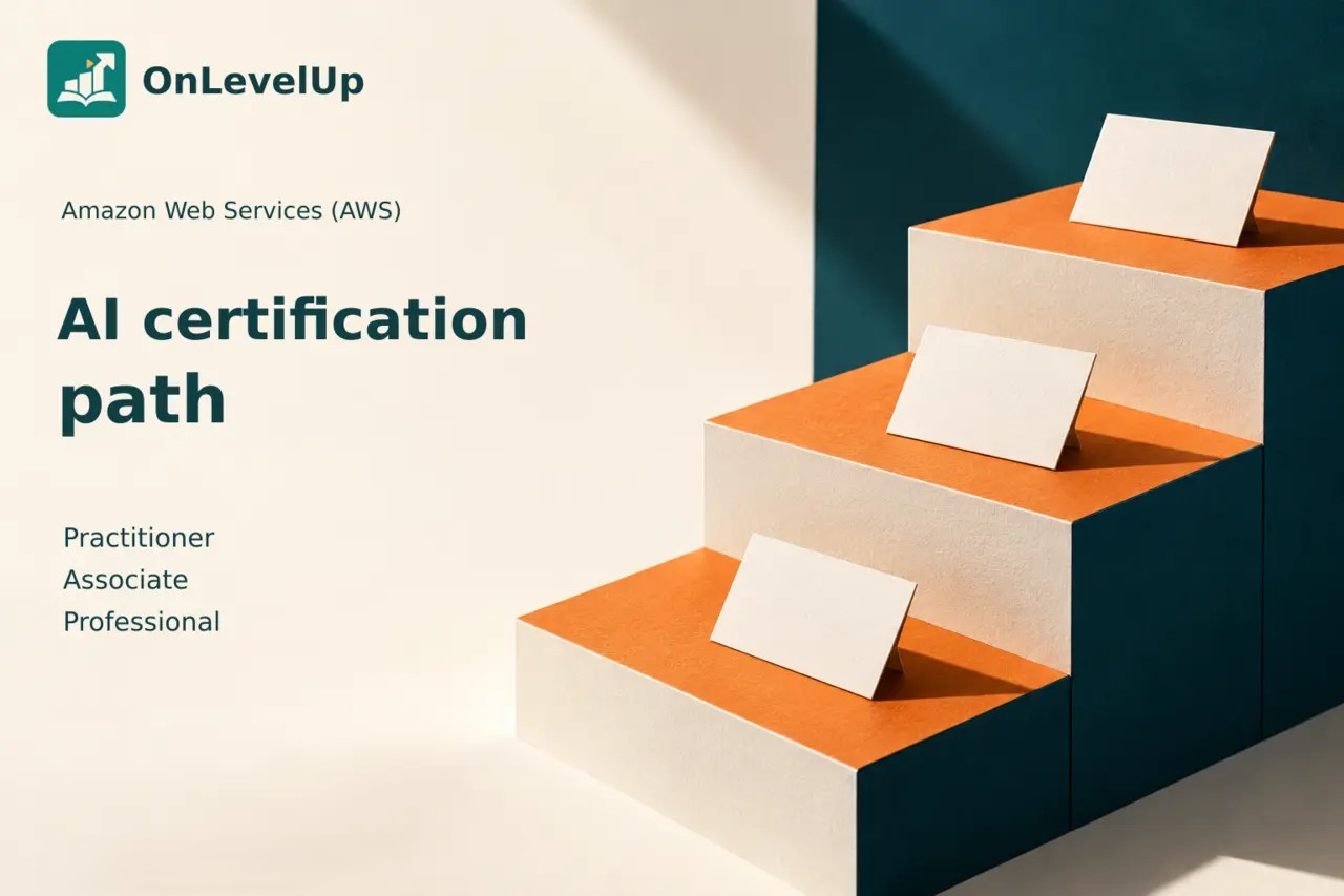 Couverture OnLevelUp du parcours de certifications IA AWS : trois marches et cartes de révision représentant une progression.