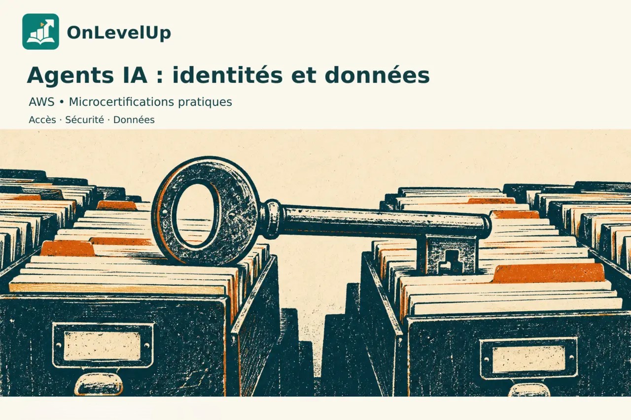 Couverture OnLevelUp des microcertifications AWS : gravure d’une clé et de tiroirs de fiches pour les identités et données des agents IA.