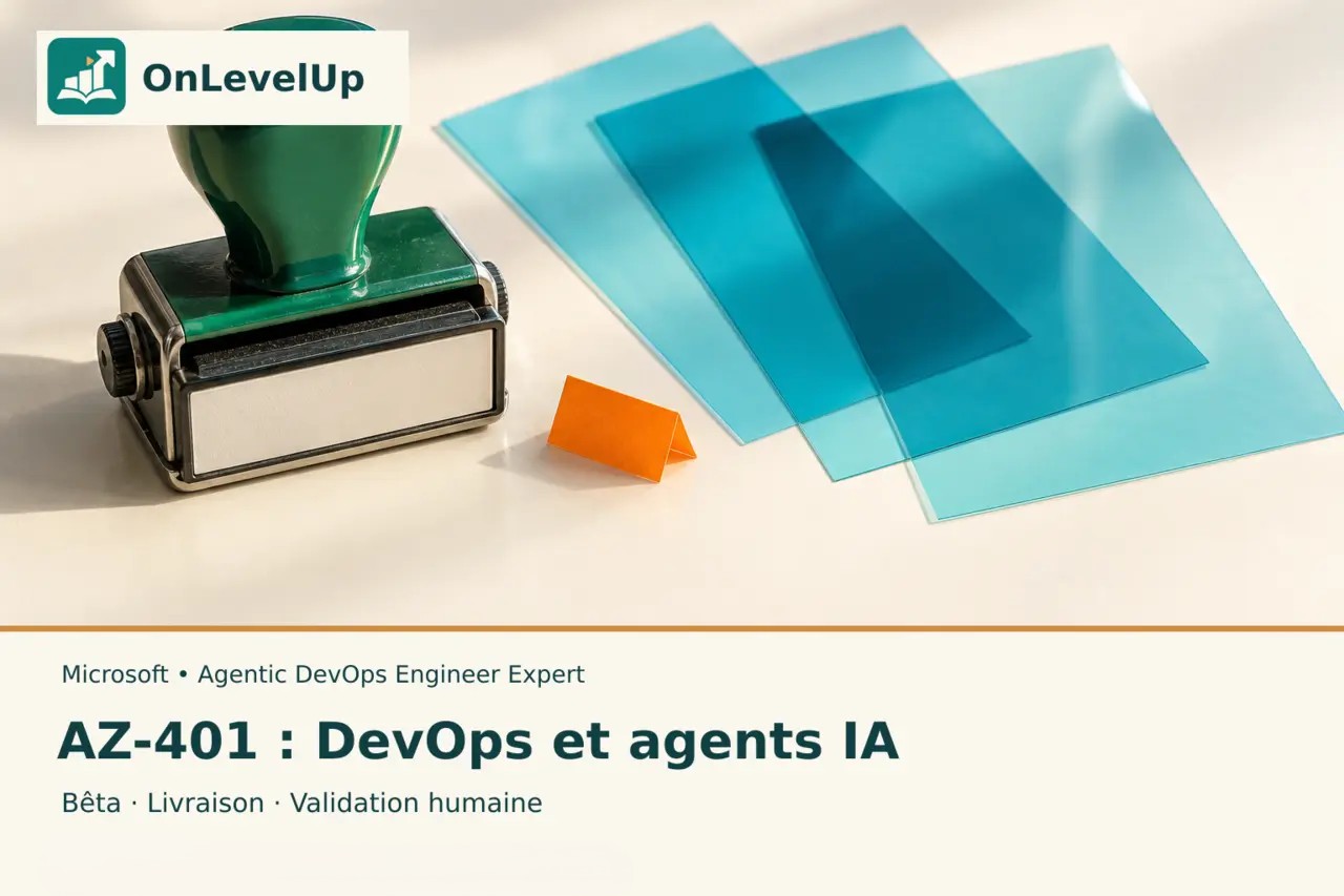 Couverture OnLevelUp AZ-401 : tampon de validation et bandes transparentes évoquant la livraison logicielle supervisée.