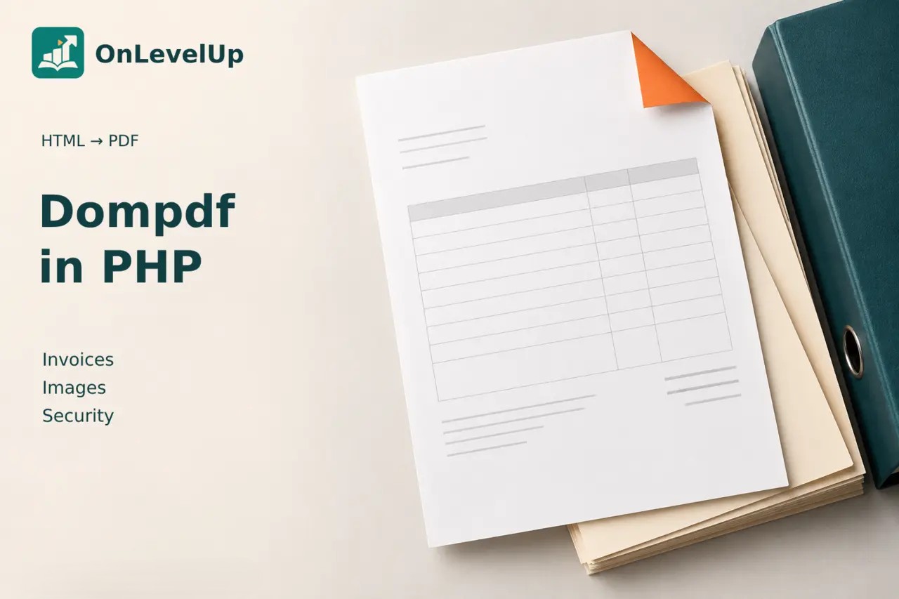 OnLevelUp cover for the Dompdf PHP guide, with a blank invoice layout and document pages; conceptual AI illustration.