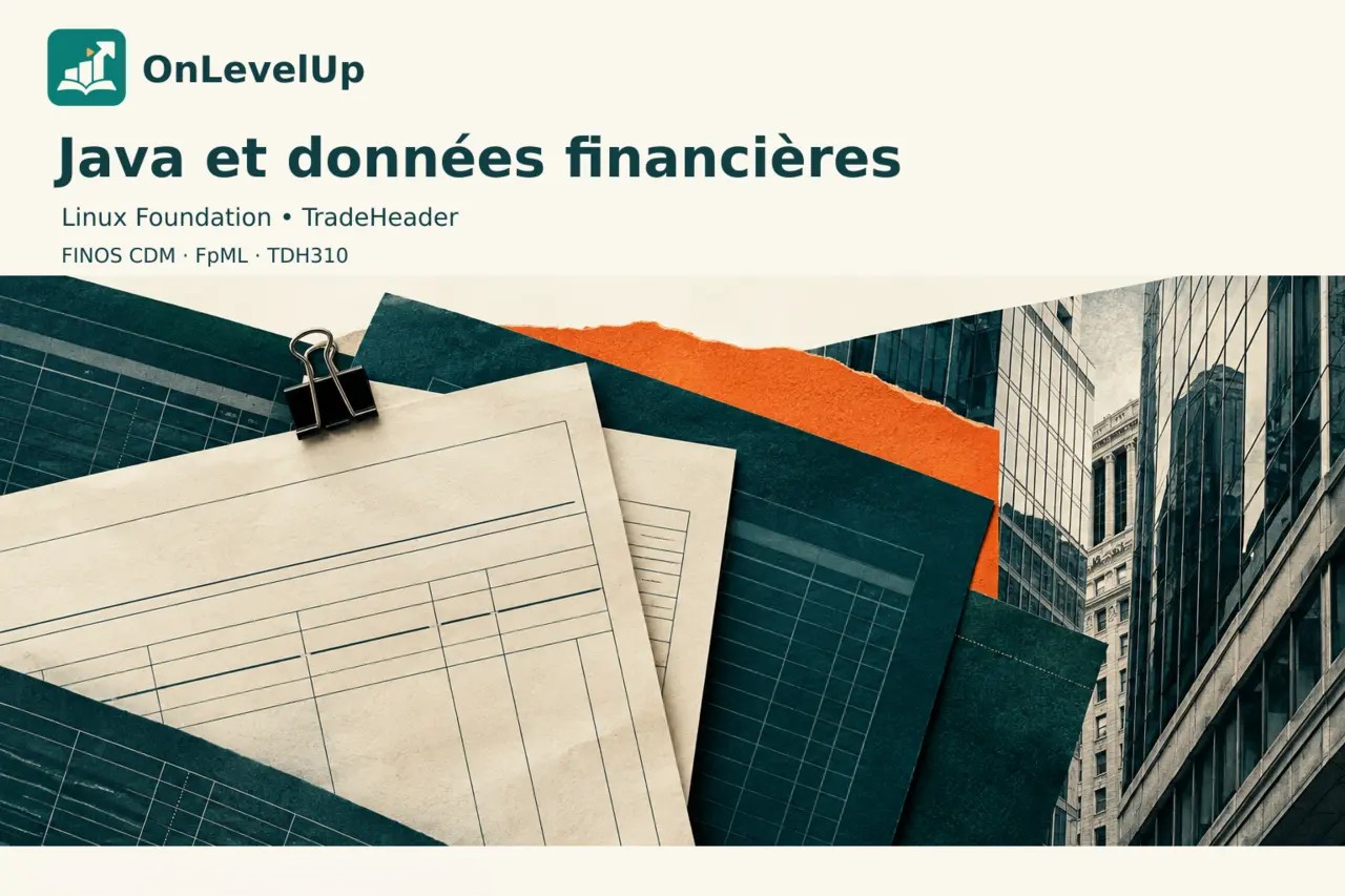 Couverture OnLevelUp TDH310 : collage de documents de transactions et registres financiers, lié à Java et FINOS CDM.