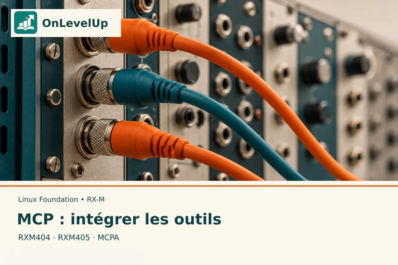 Couverture OnLevelUp des formations MCP : panneau de connexions et câbles illustrant l’intégration des outils.