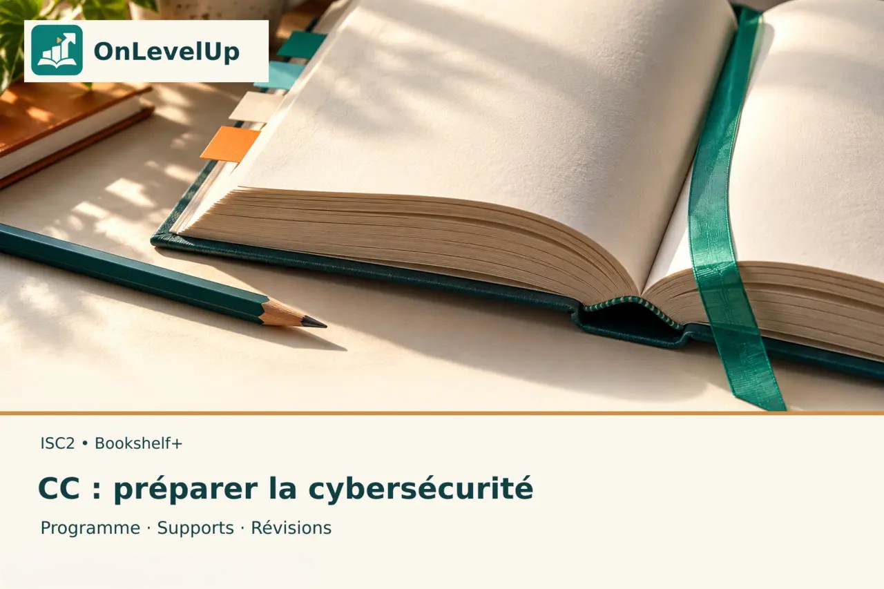 Couverture OnLevelUp de la préparation ISC2 CC : manuel ouvert, onglets de révision et marque-page vert.