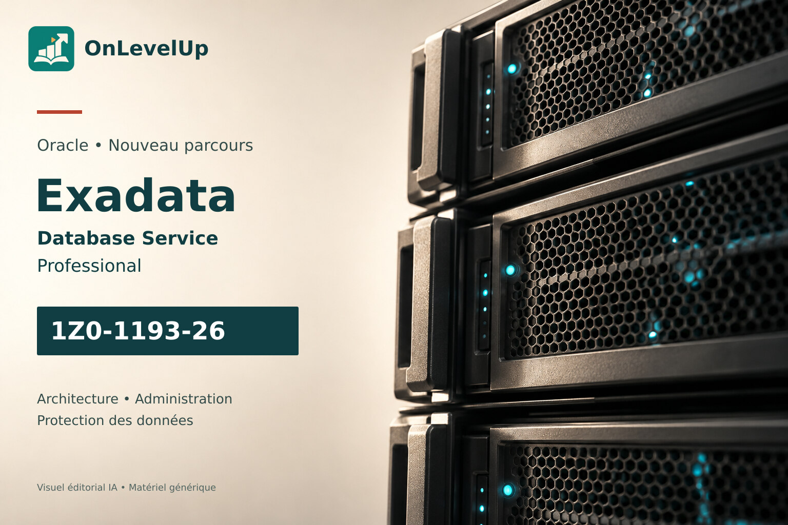 Couverture OnLevelUp sur Exadata Database Service Professional et l’examen 1Z0-1193-26, avec une illustration de serveurs génériques.